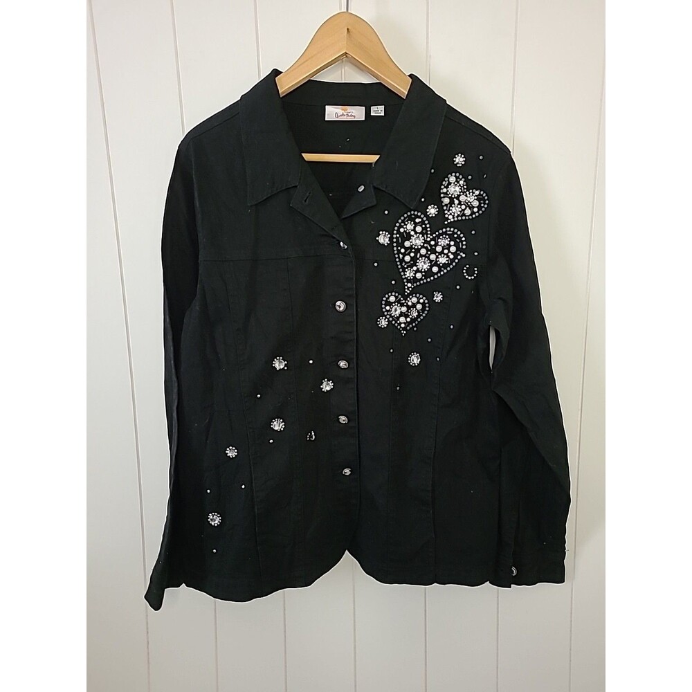 Quacker Factory Black Shirt Studded Bling Size Large Rhinestones Embellished